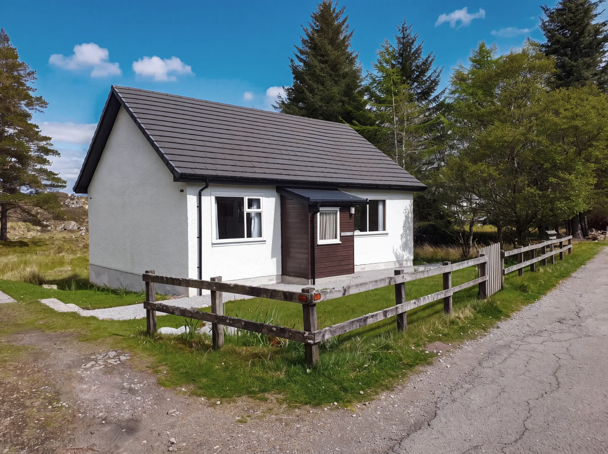 Tigh na Coille, a white self catering holiday cottage with a dark slate roof and timber porch behind a wooden fence beside the West Highland Way at Kingshouse, Glencoe